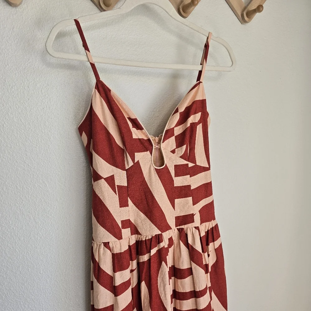 Mon Renn Surreal Spaghetti Strap Tiered Skirt Midi Dress In Tropico Print NWT S